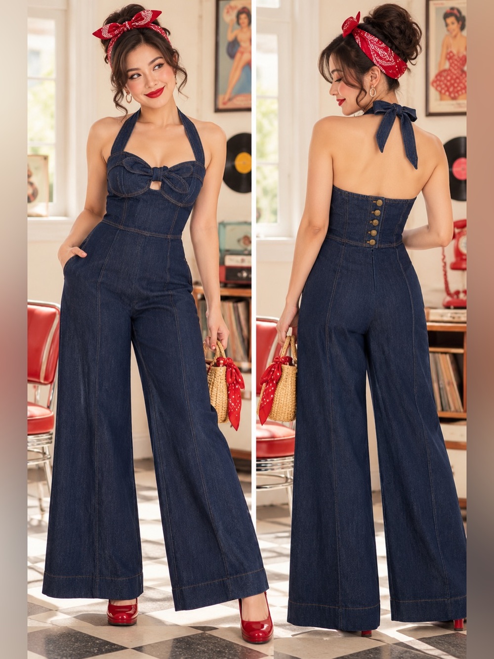 Betsey Johnson Denim Halter Wide-Leg Jumpsuit – Size 4